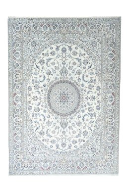 Full view of New Nain rug from Iran / Persia, 422 × 300 cm in Beige tones