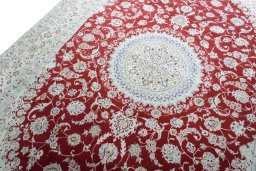 Backside of handmade New Nain rug showing knot structure and weave density