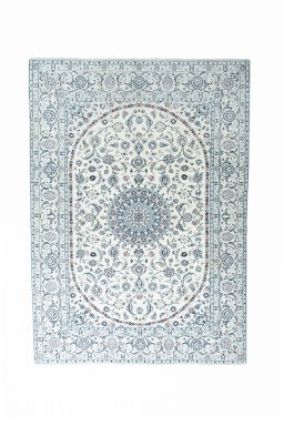 Full view of New Nain rug from Iran / Persia, 278 × 199 cm in Beige tones