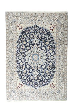 Full view of New Nain rug from Iran / Persia, 323 × 230 cm in Blue tones