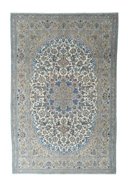Full view of New Nain rug from Iran / Persia, 318 × 211 cm in Beige tones