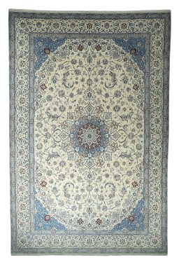 Full view of New Nain rug from Iran / Persia, 605 × 402 cm in Beige tones