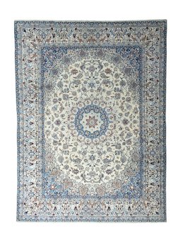 Full view of New Nain rug from Iran / Persia, 391 × 293 cm in Beige tones