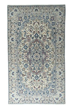 Full view of New Nain rug from Iran / Persia, 337 × 197 cm in Beige tones