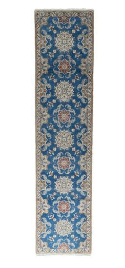 Full view of New Nain rug from Iran / Persia, 386 × 91 cm in Blue tones