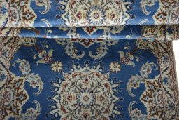 Full view of New Nain rug from Iran / Persia, 386 × 91 cm in Blue tones