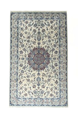 Full view of New Nain rug from Iran / Persia, 327 × 205 cm in Beige tones