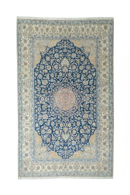 Full view of 1970s Nain rug from Iran / Persia, 337 × 207 cm in Blue tones