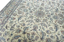 Backside of handmade New Nain rug showing knot structure and weave density