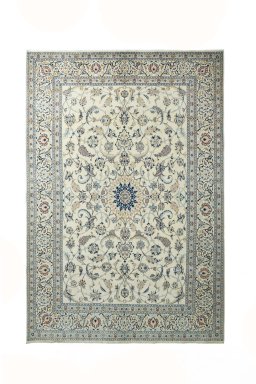 Full view of New Nain rug from Iran / Persia, 305 × 210 cm in Beige tones