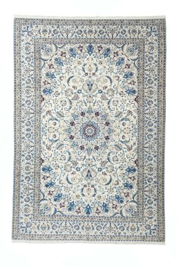 Full view of New Nain rug from Iran / Persia, 363 × 250 cm in Beige tones