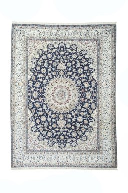 Full view of New Nain rug from Iran / Persia, 340 × 255 cm in Blue tones