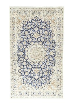 Full view of 2000s Nain rug from Iran / Persia, 215 × 121 cm in Blue tones