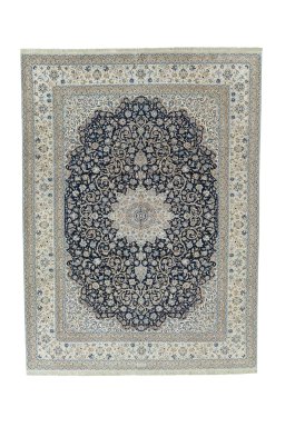 Full view of 1970s Nain rug from Iran / Persia, 350 × 260 cm in Blue tones