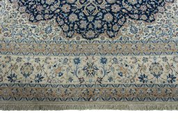 Full view of 1970s Nain rug from Iran / Persia, 350 × 260 cm in Blue tones