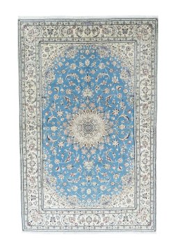 Full view of 2000s Nain rug from Iran / Persia, 242 × 157 cm in Blue tones