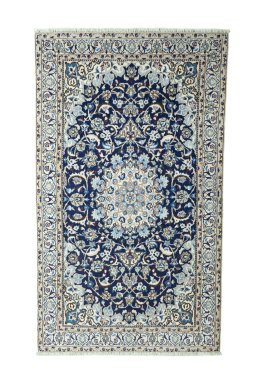 Full view of 2000s Nain rug from Iran / Persia, 217 × 128 cm in Blue tones