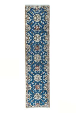 Full view of 2000s Nain rug from Iran / Persia, 380 × 93 cm in Blue tones