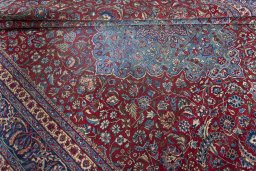 Close-up detail of 1930s Nain rug from Iran / Persia showing Wool weave