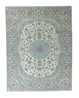Full view of 2000s Nain rug from Iran / Persia, 381 × 300 cm in Beige tones