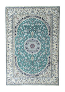 Full view of 1970s Nain rug from Iran / Persia, 351 × 245 cm in Green tones
