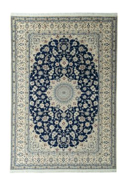 Full view of 1970s Nain rug from Iran / Persia, 363 × 251 cm in Blue tones
