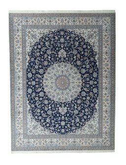 Full view of 1970s Nain rug from Iran / Persia, 408 × 313 cm in Blue tones