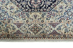 Full view of 1970s Nain rug from Iran / Persia, 304 × 202 cm in Blue tones
