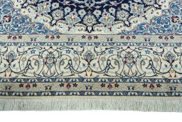 Full view of 1970s Nain rug from Iran / Persia, 392 × 275 cm in Blue tones