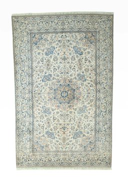 Full view of 1970s Nain rug from Iran / Persia, 277 × 178 cm in Beige tones