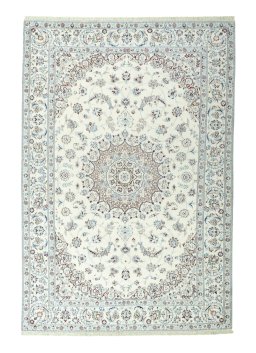 Full view of 2000s Nain rug from Iran / Persia, 307 × 210 cm in Beige tones