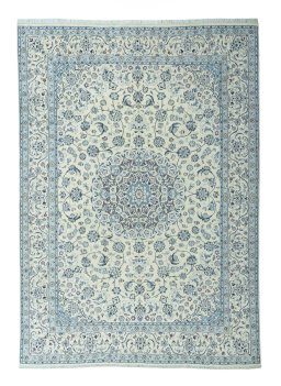 Full view of 2000s Nain rug from Iran / Persia, 344 × 243 cm in Beige tones