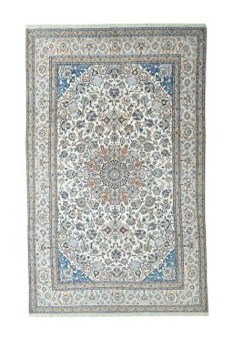 Full view of 2000s Nain rug from Iran / Persia, 385 × 241 cm in Beige tones