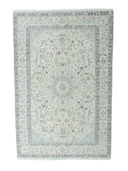Full view of New Nain rug from Iran / Persia, 301 × 198 cm in Beige tones
