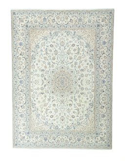 Full view of 2000s Nain rug from Iran / Persia, 410 × 300 cm in Beige tones