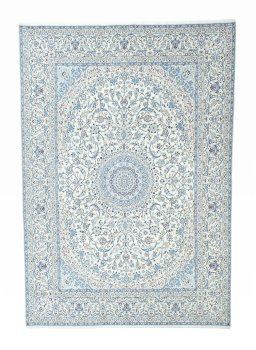 Full view of New Nain rug from Iran / Persia, 427 × 300 cm in Beige tones