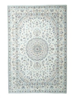 Full view of 2000s Nain rug from Iran / Persia, 306 × 208 cm in Beige tones