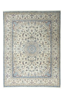 Full view of New Nain rug from Iran / Persia, 408 × 312 cm in Beige tones