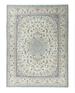 Full view of 2000s Nain rug from Iran / Persia, 407 × 307 cm in Beige tones