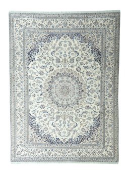 Full view of 2000s Nain rug from Iran / Persia, 408 × 300 cm in Beige tones