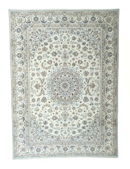 Full view of 2000s Nain rug from Iran / Persia, 348 × 256 cm in Beige tones