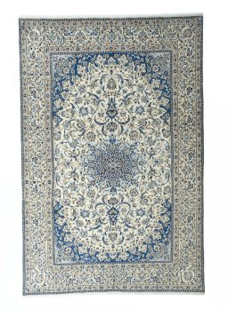 Full view of 2000s Nain rug from Iran / Persia, 373 × 248 cm in Beige tones