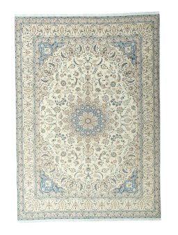 Full view of 2000s Nain rug from Iran / Persia, 418 × 300 cm in Beige tones