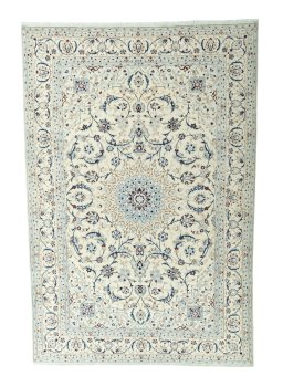Full view of 2000s Nain rug from Iran / Persia, 361 × 245 cm in Beige tones