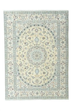 Full view of New Nain rug from Iran / Persia, 348 × 253 cm in Beige tones