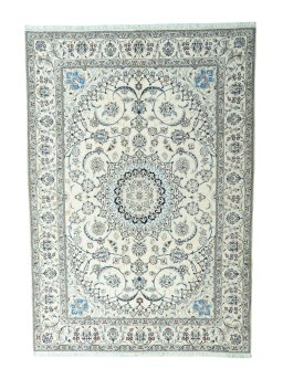 Full view of New Nain rug from Iran / Persia, 304 × 213 cm in Beige tones