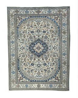 Full view of New Nain rug from Iran / Persia, 392 × 293 cm in Beige tones