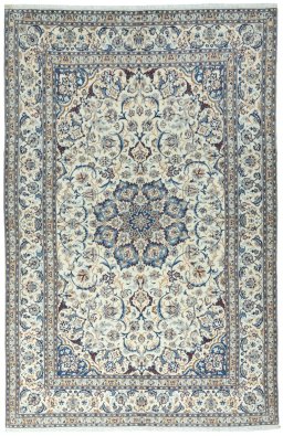 Full view of 2000s Nain rug from Iran / Persia, 315 × 208 cm in Beige tones