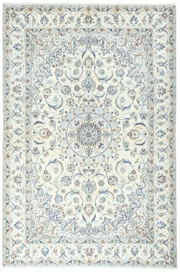 Full view of New Nain rug from Iran / Persia, 305 × 203 cm in Beige tones