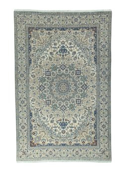 Full view of 2000s Nain rug from Iran / Persia, 407 × 264 cm in Beige tones